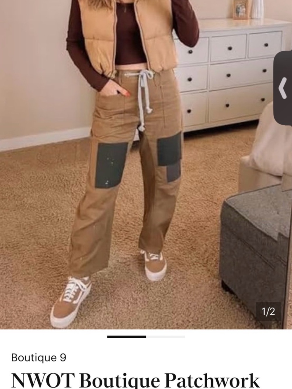 Boutique 9 Tan Cargo Patchwork Pants with Dark Contrast Patches